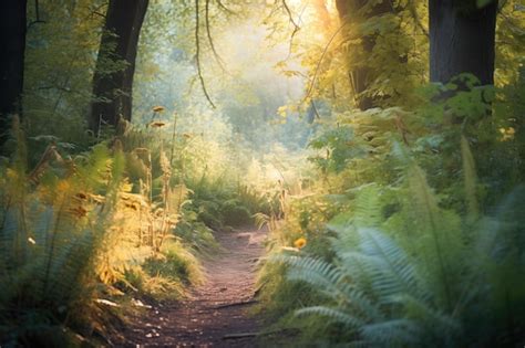 Un sentiero tortuoso che attraversa una foresta oscura, con un debole fascio di luce che filtra tra gli alberi.