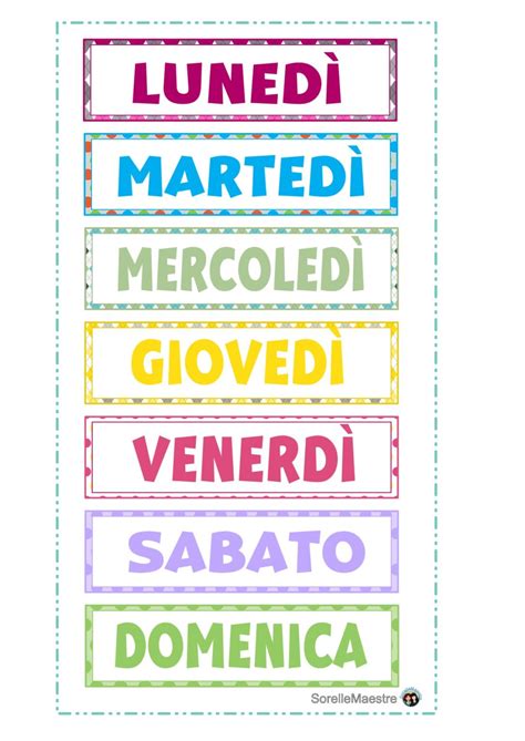 Un calendario murale colorato con i giorni della settimana evidenziati