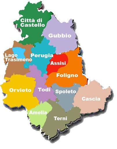Mappa stilizzata della regione Umbria con evidenziate le città di Terni, Foligno e Spoleto