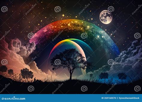 Illustrazione di un paesaggio notturno oscuro e inquietante con elementi cosmici