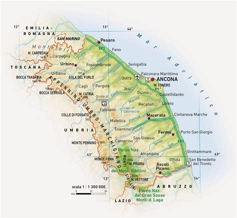 Mappa delle Marche con rilievi