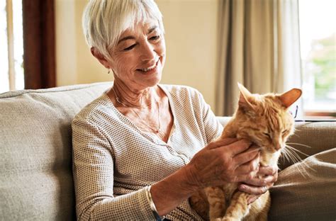 Una persona anziana accarezza un gatto con un sorriso