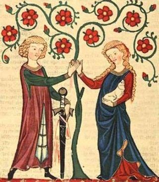 Miniatura medievale raffigurante dame e cavalieri in un contesto cortese