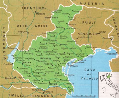 Mappa della Regione Veneto con evidenziate le province e le principali destinazioni turistiche