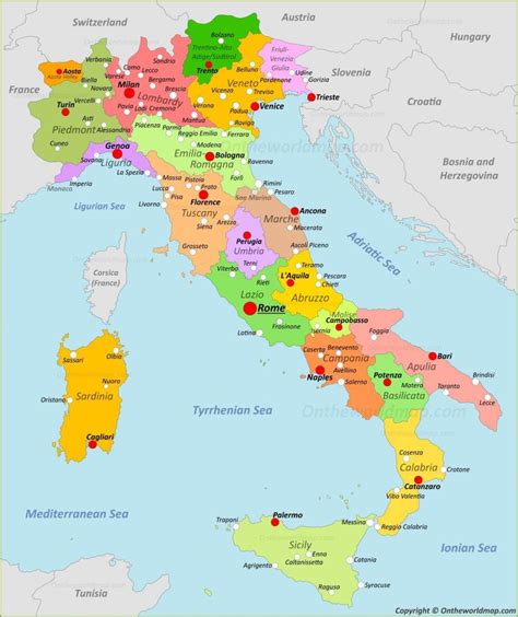 Mappa dell'Italia con i principali centri culturali del Risorgimento