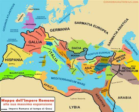 Mappa dell'Impero Romano nel I secolo d.C. con evidenziate le prime rotte di diffusione del Cristianesimo