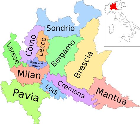 Mappa dell'Italia con evidenziate le regioni della Lombardia