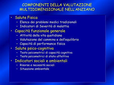 Diagramma che illustra le diverse dimensioni della valutazione multidimensionale (cognitiva, sociale, economica, ambientale, funzionale)