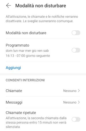 Schermata delle impostazioni di Non disturbare su Android con opzioni di personalizzazione