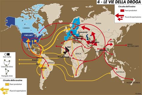 mappa stilizzata che mostra le rotte di traffico di droga internazionali