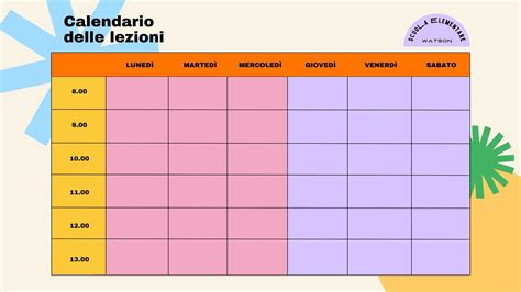 Diagramma di una settimana scolastica con orari