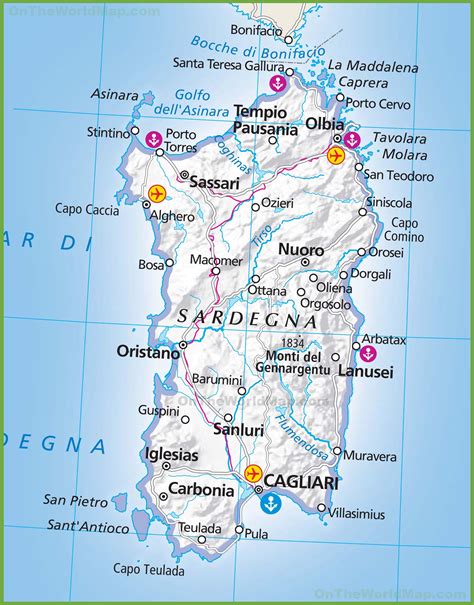 Mappa della Sardegna con evidenziate le principali città