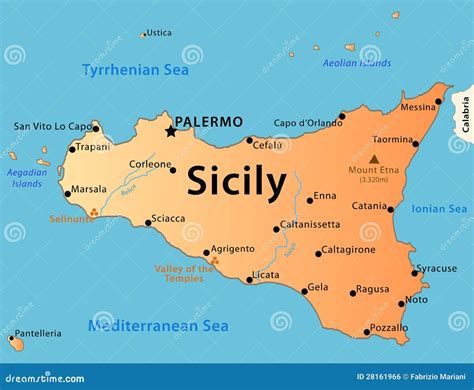 Mappa della Sicilia con evidenziate le città principali