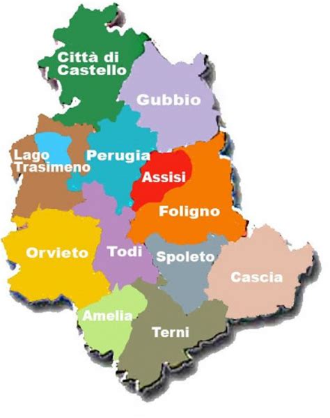 Mappa dell'Umbria con evidenziate le principali sedi dei servizi neuropsicologici ASL