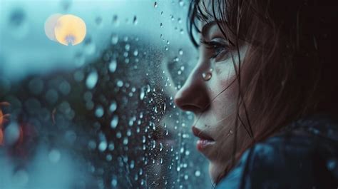 una donna che guarda pensierosa fuori da una finestra in una giornata piovosa