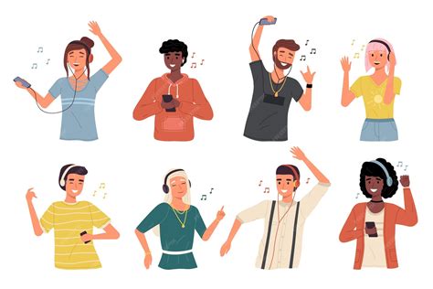 Illustrazione di diverse persone che ascoltano musica con cuffie, ognuna con un'emozione diversa