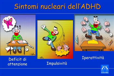 Diagramma che illustra i sintomi principali dell'ADHD: inattenzione, iperattività e impulsività