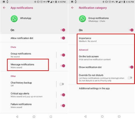Screenshot delle opzioni di notifica di WhatsApp