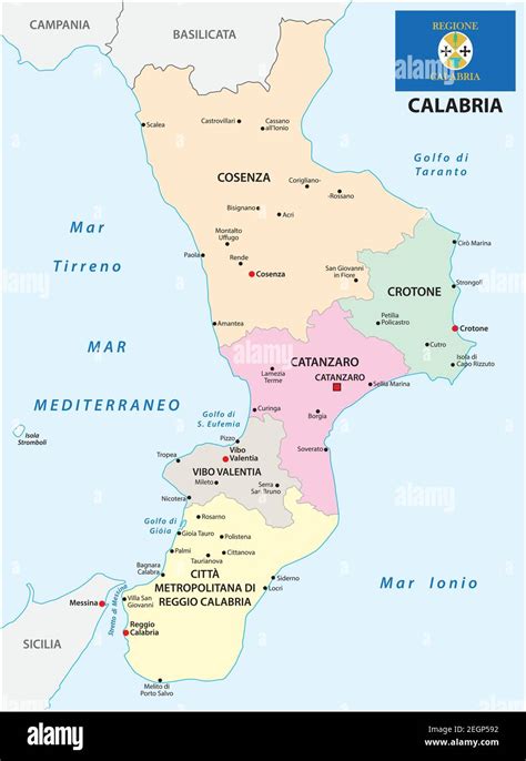 Mappa della Calabria con evidenziate le principali città dove ci sono opportunità di lavoro per psicologi