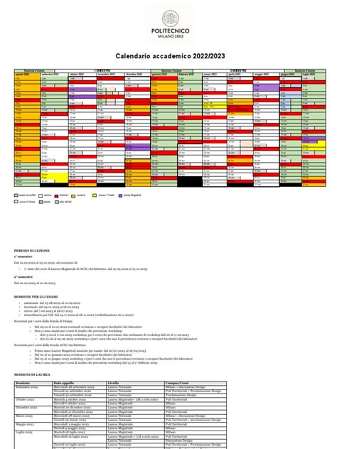 Calendario accademico con evidenziate le sessioni di laurea