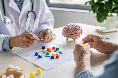 Illustrazione di un neuropsicologo che somministra un test cognitivo a un paziente