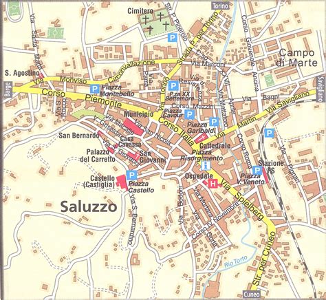 Mappa della città di Saluzzo con punti di interesse segnati