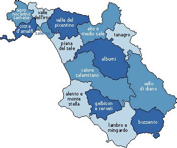 Mappa della provincia di Salerno con evidenziate le località