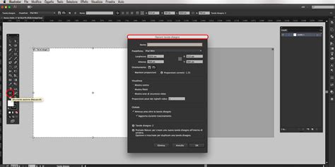 Illustrazione che mostra la finestra di dialogo delle opzioni della tavola da disegno in Illustrator, con i campi per dimensioni e orientamento.