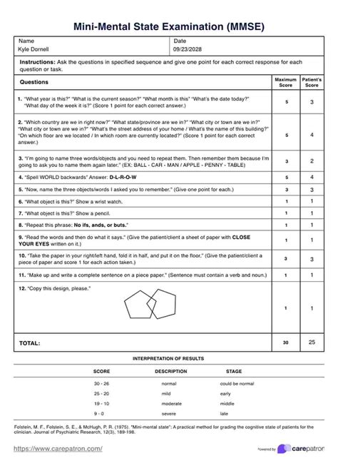 Schema che illustra le diverse sezioni del test MMSE e i relativi punteggi.