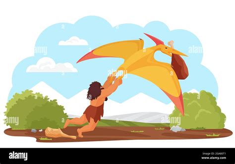 Illustrazione di un uomo preistorico che caccia e raccoglie frutta