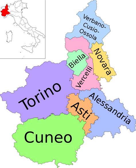 Mappa della regione Piemonte con evidenziate le province di Torino e Valle d'Aosta