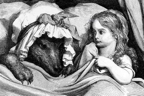 Illustrazione di Gustave Doré di Cappuccetto Rosso e il Lupo a letto