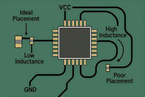 Posizionamento tipico di un condensatore di disaccoppiamento vicino ai pin di alimentazione di un IC
