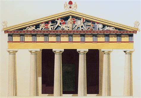 Raffigurazione di un antico tempio greco con statue di divinità