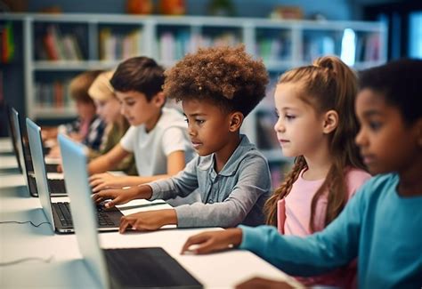 Bambini che studiano con l'aiuto di un computer